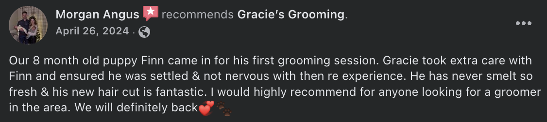 Morgan Angus  recommends Gracie’s Grooming. - Our 8 month old puppy Finn came in for his first grooming session. Gracie took extra care with Finn and ensured he was settled & not nervous with then re experience. He has never smelt so fresh & his new hair cut is fantastic. I would highly recommend for anyone looking for a groomer in the area. We will definitely back💞🐾